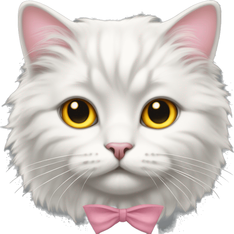 white fluffy cat dark gray markings on face yellow and orange eyes with pink bow collar emoji