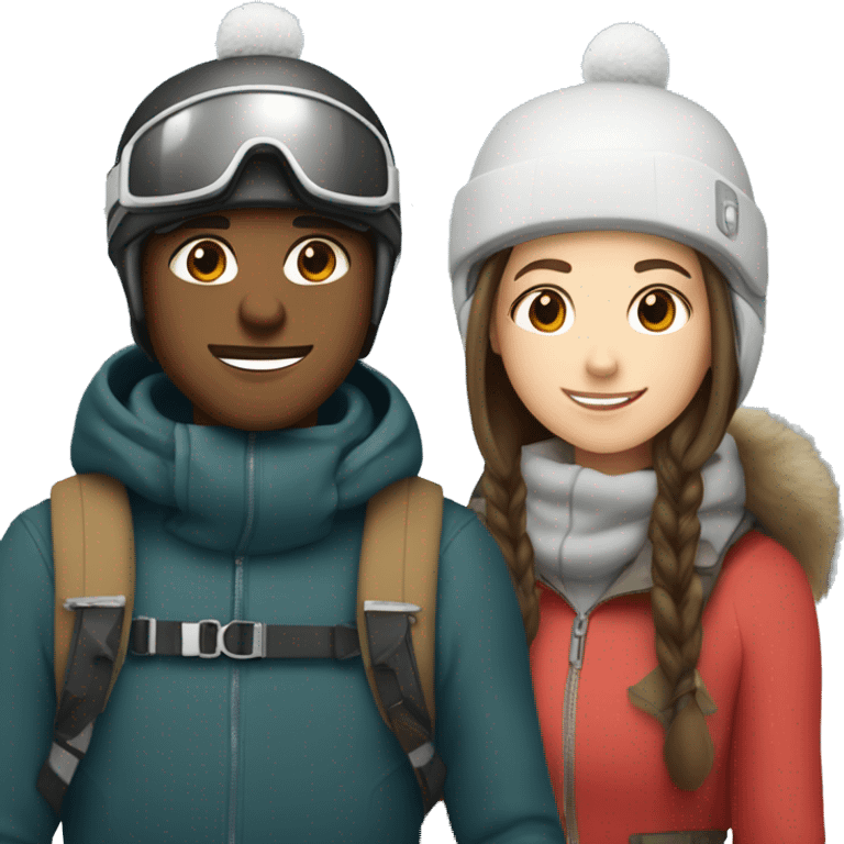 White brunette boy and white brunette girl skiing together in love (just them two) emoji