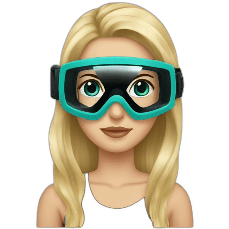 woman large blonde straight hair, black diving mask with a single crystal, tourquese eyes, scubadiving gear emoji