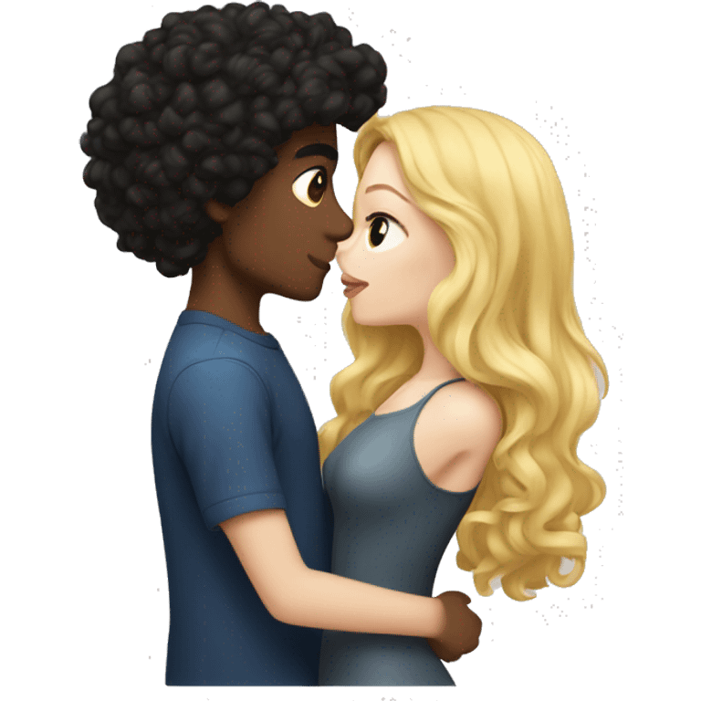 A blonde girl with pale skin kisses a light-skinned brown guy with curly black hair emoji