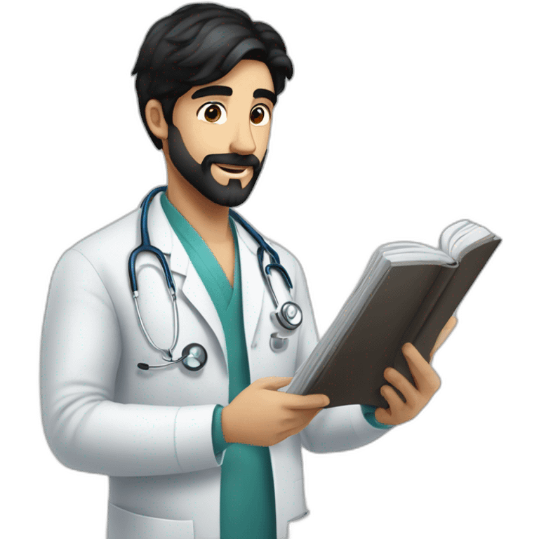 young spanish surgeon with black hair, black beard and stethoscope,reading a book emoji