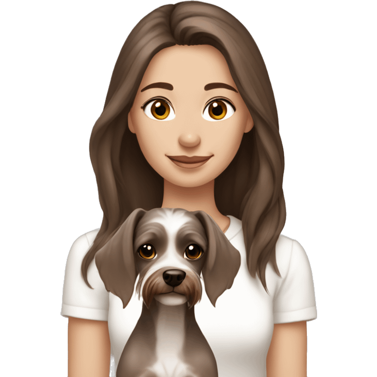 Brown hair girl with brown eyes, beautiful with hairless Chinese crested dog  emoji