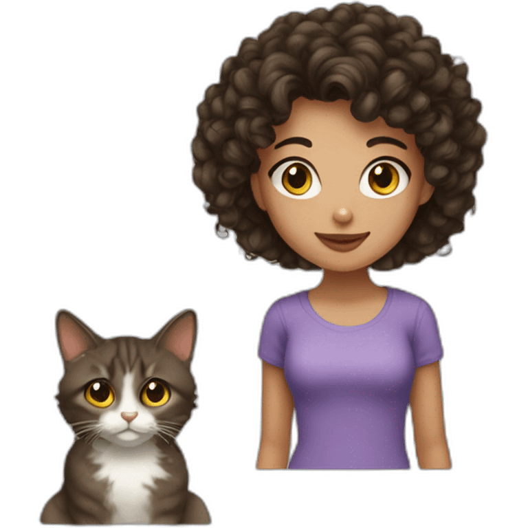 Young brunett woman with curly hair and a cat emoji