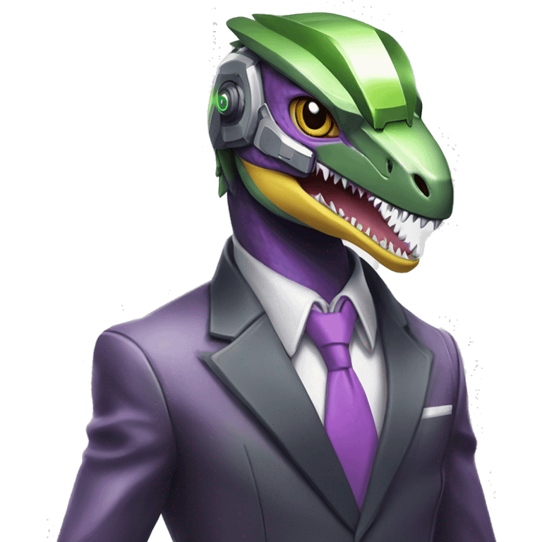 Shiny Edgy Velociraptor-Genesect-Fakémon-Pokémon wearing a with a futuristic cyber-helmet And suit Full Body emoji