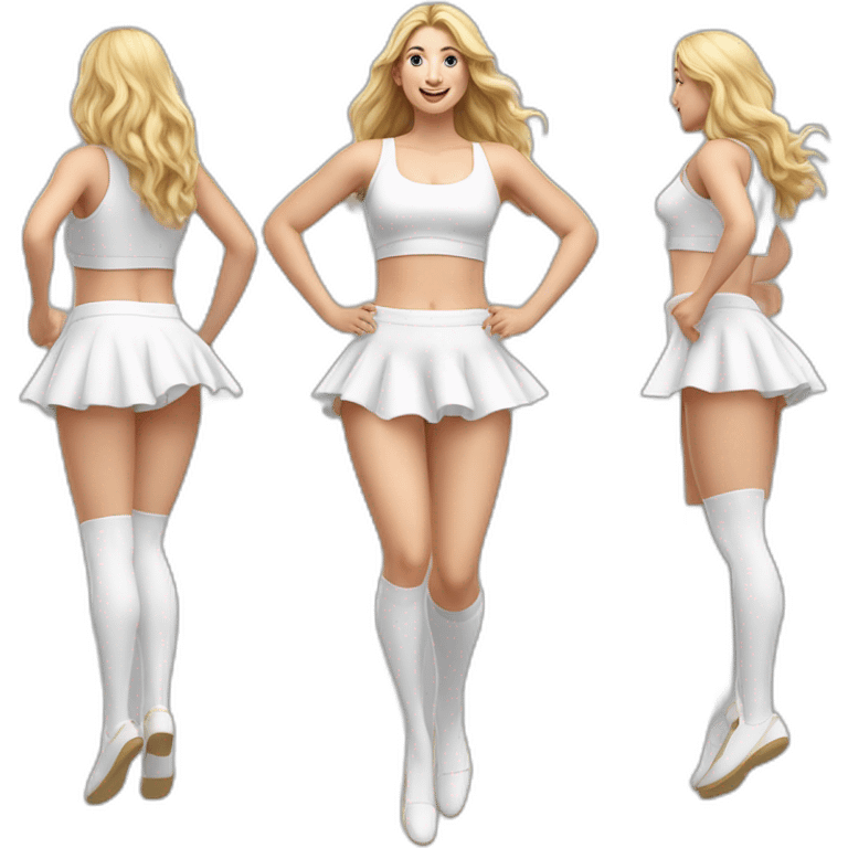 Hyperrealistic Full body Caucasian curvy beauty jumping short white skirt back and front views strong wind knickers long white socks emoji