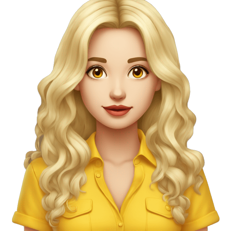 una chica medio rubia cabello  largo piel clara ojos cafe camisa color amarillo emoji