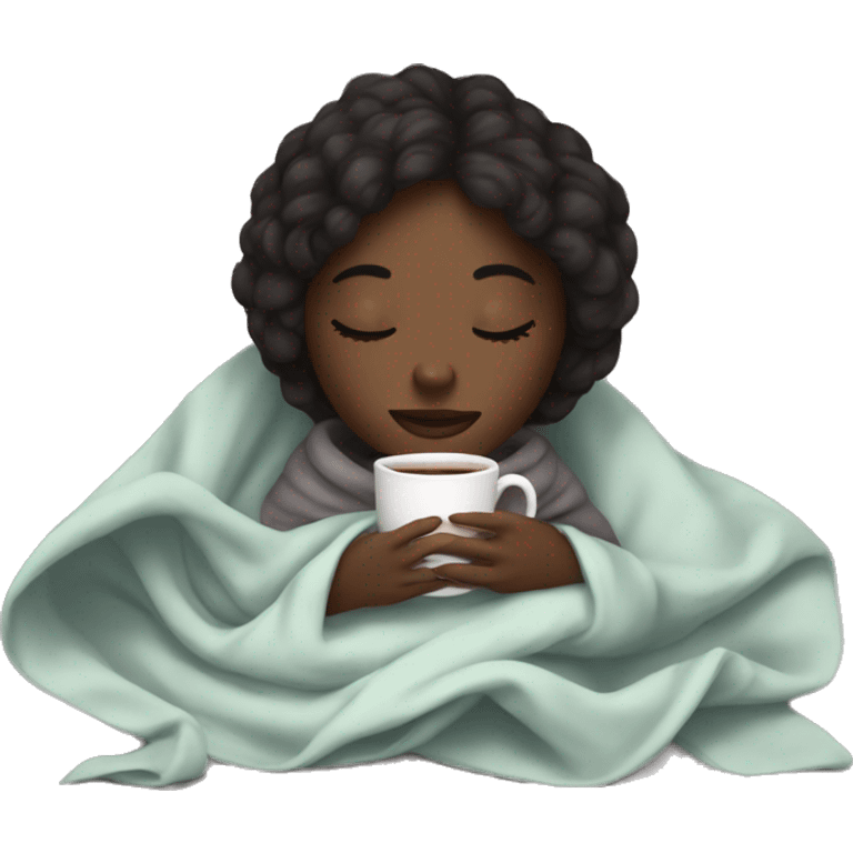 Dark skin girl inside a blanket sipping coffee eyes closed emoji