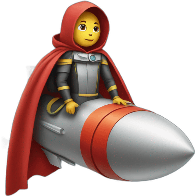 person dressed with a cape sitting on a rocket emoji