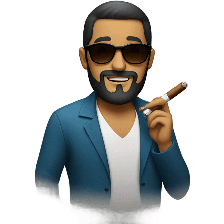 Latino man wearing sunglasses and smoking a cigar. He has a beard emoji