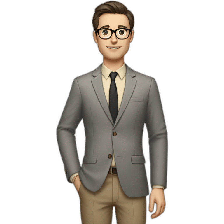 Full height Pale skinned Fit Man With dark brown hair in gray jacket, beige office shirt, tie, Brown pants and vintage glasses. Thrumbs of his palms directed up emoji