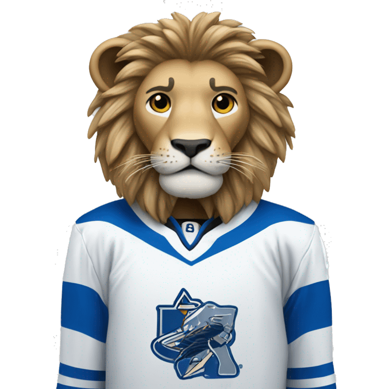 A lion in a hockey uniform in white and blue emoji