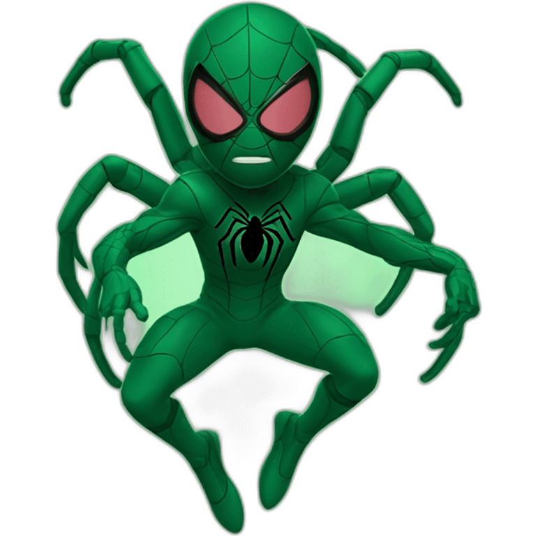 Man spider suit dark green in action background green emoji