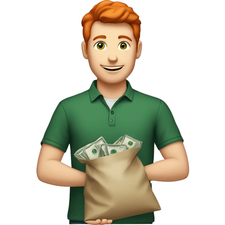 Man with short red hair, green eyes and oxford blue shirt holding bag of money emoji