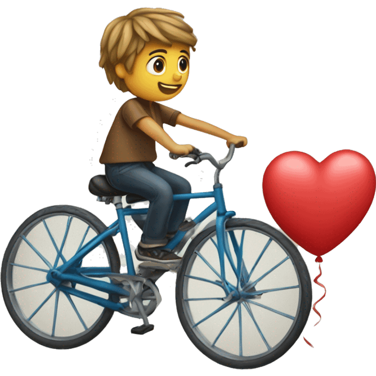 Boy on bicycle rides over a ballon heart emoji