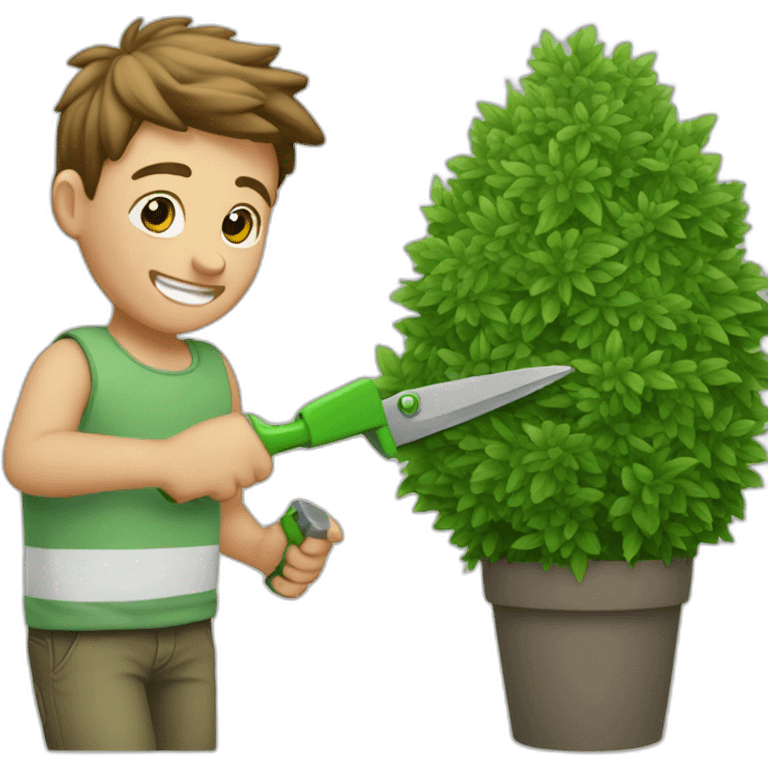 white kid trimming a decorative bush emoji