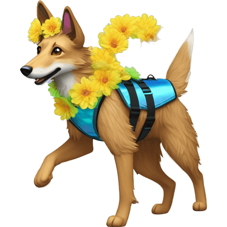  brindle fluffy lurcher Alsatian fox running blue eyes fluffy ears and iridescent holographic oilslick harness wearing paper flower crown yellow caution tape neon sign emoji