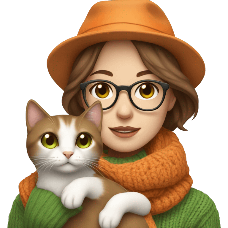 Woman with thin brown hair and a hat with glasses and brown eyes pale skin wearing a scarf and a sweater, holding an orange and white cat with green eyes emoji