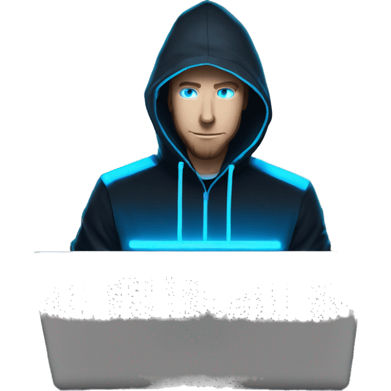 Man developer behind his laptop with this style : Alan Walker Singer neon glowing bright blue character blue black hooded hacker themed character emoji