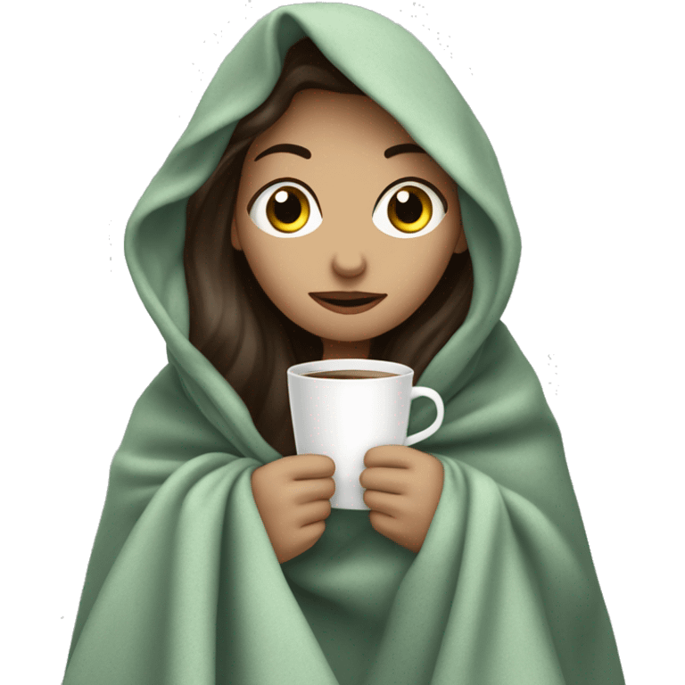 girl inside a blanket sipping coffee eyes grey-green, brunette, white skin ￼ emoji