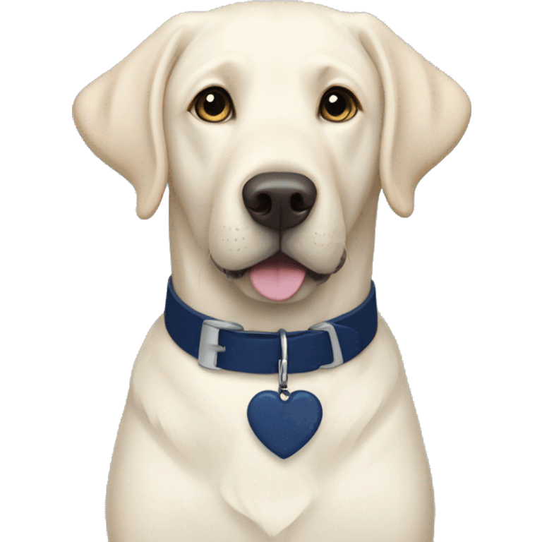 White Labrador wearing a navy blue collar with a navy blue heart tag emoji