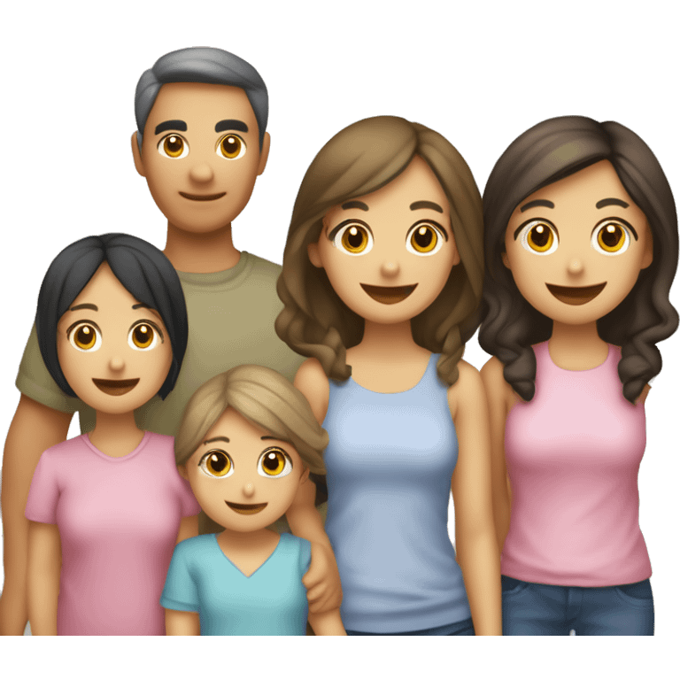 Familia de 5 personas papá pelo chino gordo, mamá  y 3 hijas niña de 6 años niñas de 15 años y niña de 2 meses emoji