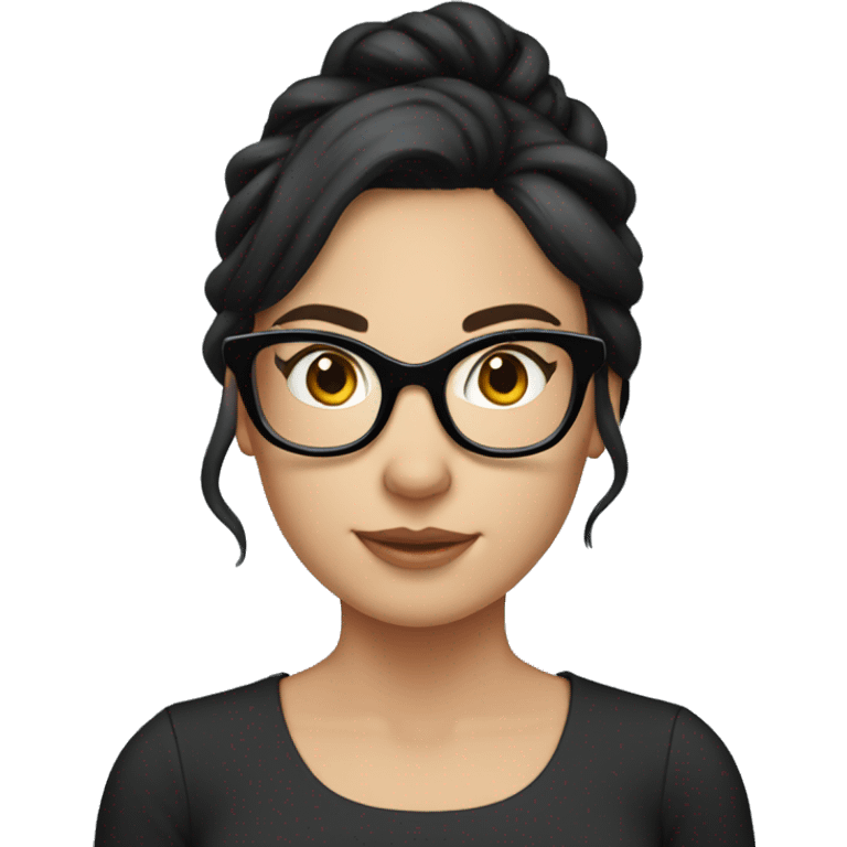 27-year-old white woman with glasses and black hair tied up emoji