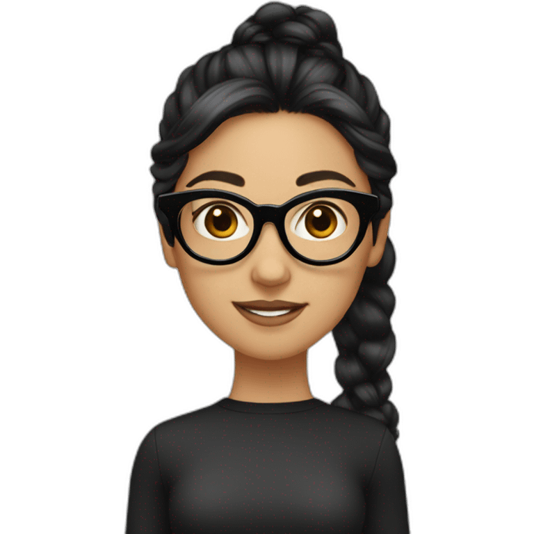 A girl is wearing black framed glasses, with black hair and a high ponytail. There is a little splayed bangs on the front, which is white emoji