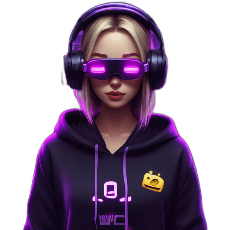 Russian girl wearing a black hoodie with "OMG" letters on it and VR headset in a cyberpunk VR environment with violet neon lighting. emoji