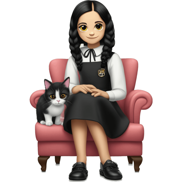 Kitty Corner Francie. Jenna Ortega Wednesday Addams. Bold 60s-inspired shift. Cuddling up with Slippers the kitten. emoji