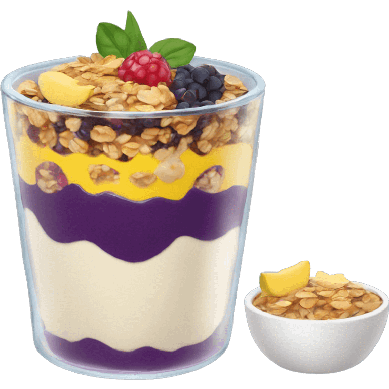 Açaí in a clear cup with layers of fruits and granola and condensed milk emoji