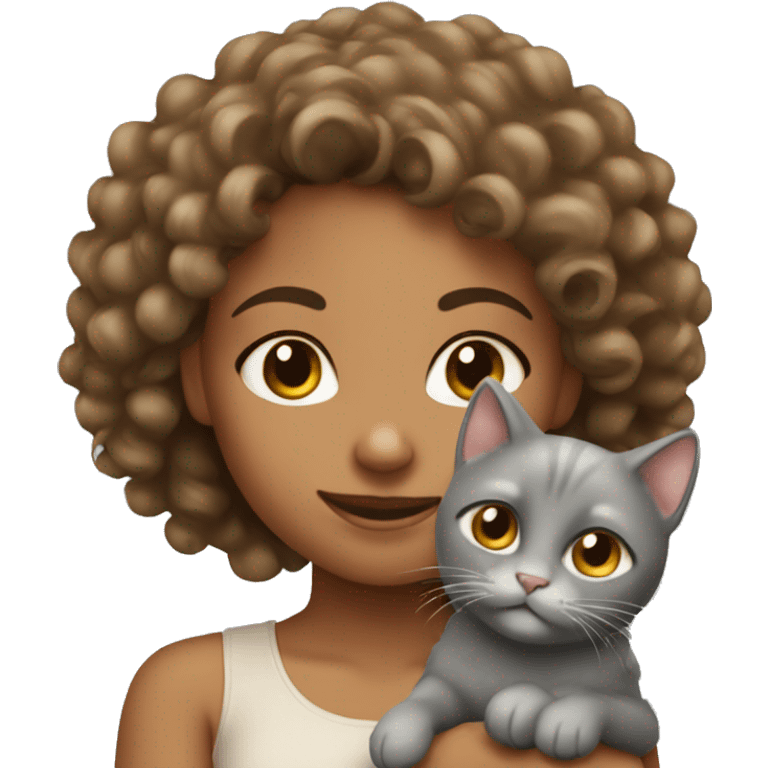 Tanned curly girl holding a grey puffy cat emoji