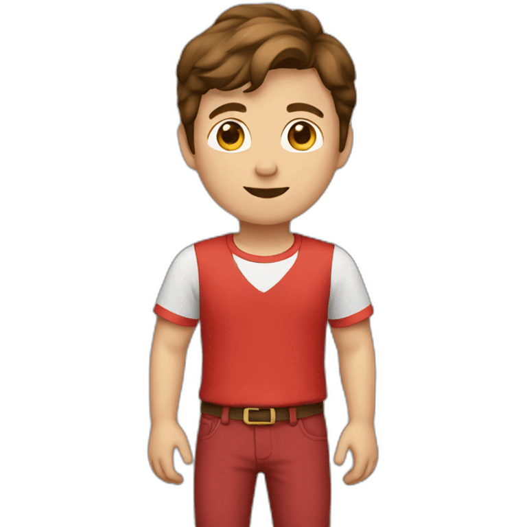 A boy with brown hair wearing a red shirt and red pants emoji