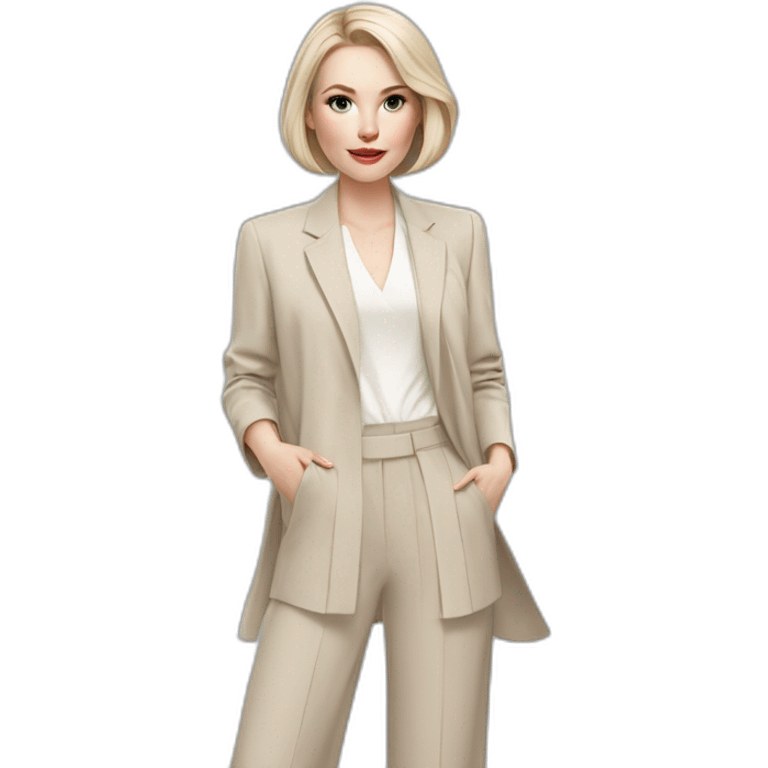 pale skin woman with ash blonde Straightened bob Hair, White Spacious classical jacket, beige palazzo Arrow pants and gray blouse holding a color palette in the hands emoji