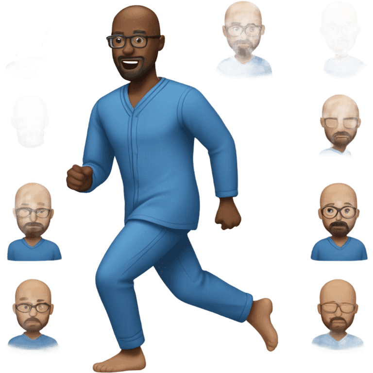 black man with a bald head, glasses, a beard, and a goatee in Blue pajamas running. emoji