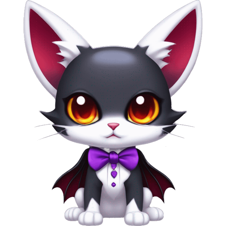 Cute-Evil-Vampiric-Batty-Cat-Black-Purple-Red-White-Contrast-Colors-Fantasy-Fur-Sona-Chibi-Shiny-Fakémon-Hybrid with horns and big fangs neck bow white tie leg spats full body emoji