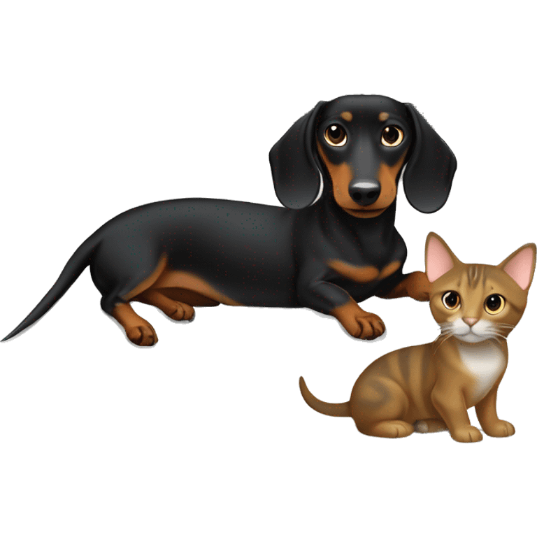 black and tan smooth dachshund with grey cat in the bed  emoji