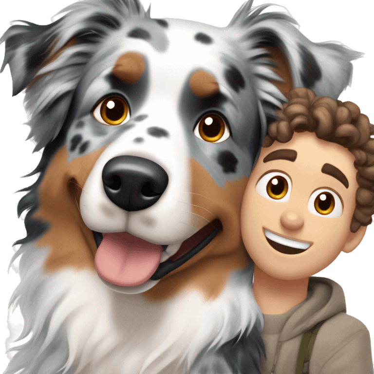 blue merle australian shepherd dog next to owner white boy brown curly hair emoji