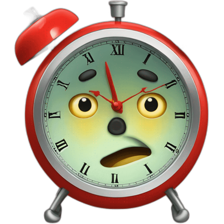 A fearful red wind-up alarm clock with big cartoony eyes emoji