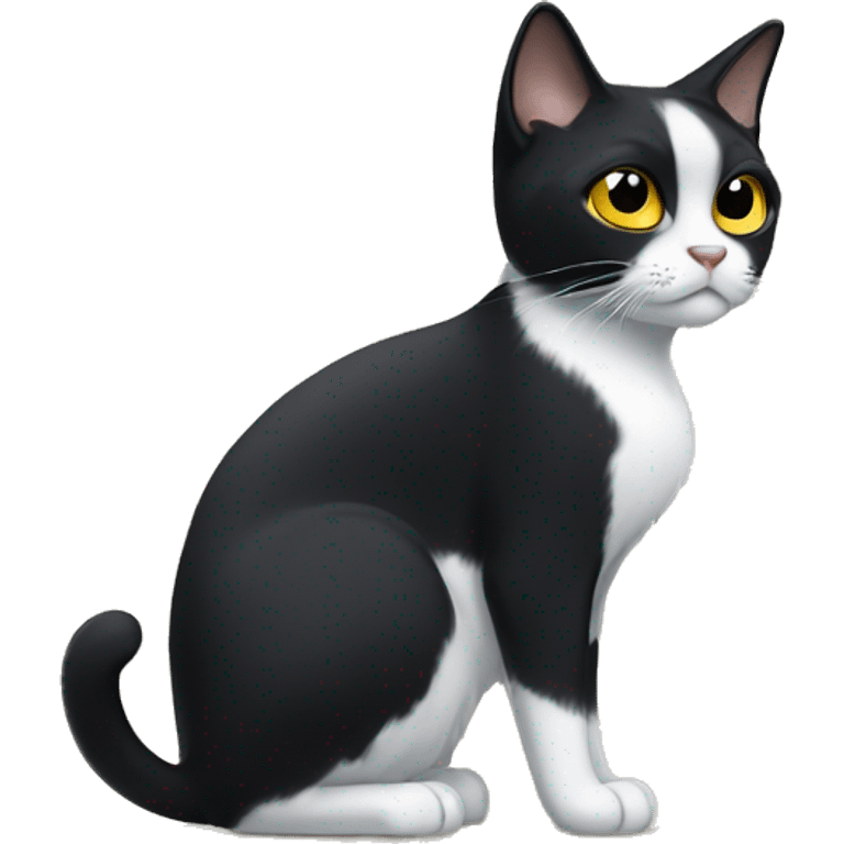 a tuxedo cat with black ears and white face, yellow eyes, clipped ear emoji