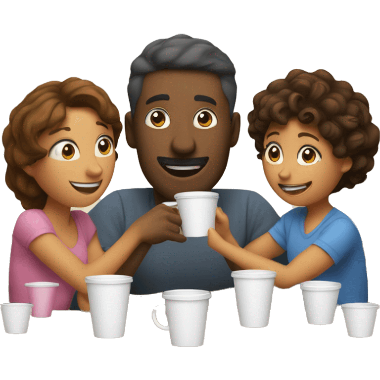 An emoji of a family—mother, father, and child—sitting at a table, playing a cup game with paper cups arranged on the table as they have fun together emoji