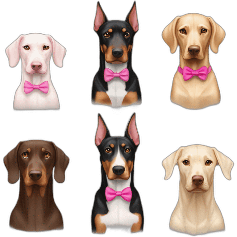 one-doberman-with-a-pink-bow-tie,-next-to-an-albino-doberman-and-a-light-brown-doberman emoji