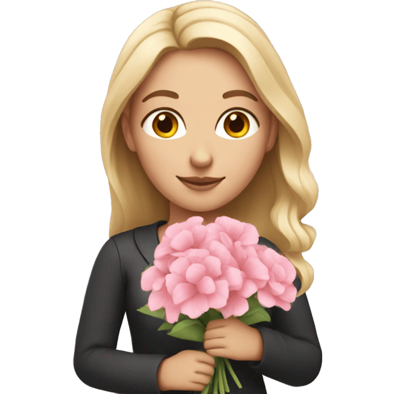 White girl holding pink flower bouquet emoji