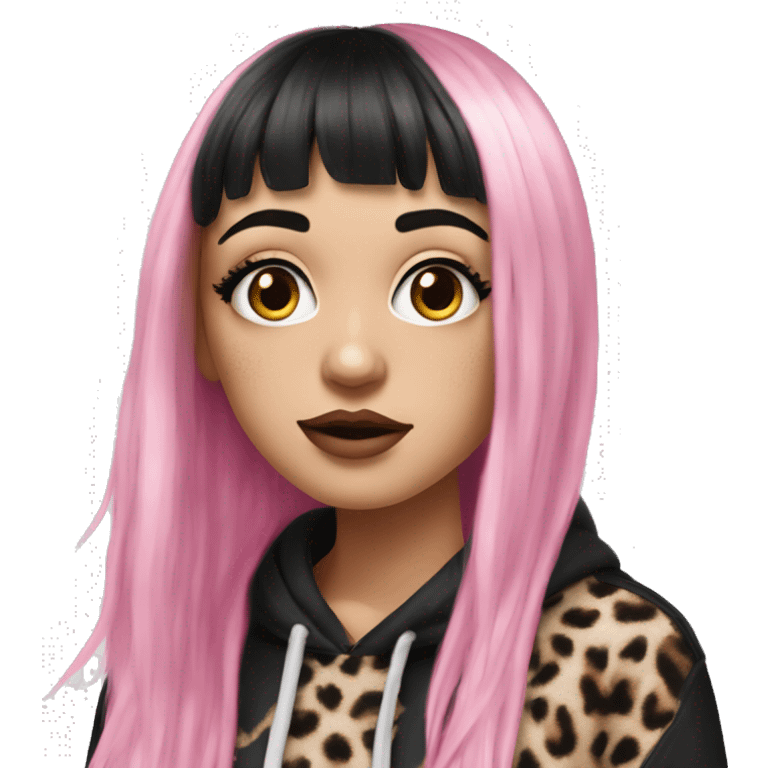 Hyperrealistic white girl with long black hair with a pink fringe and has eye makeup on, she is wearing a black and leopard print hoodie  emoji