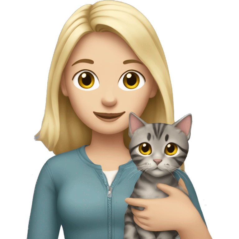 Blonde girl holding a gray tabby cat emoji