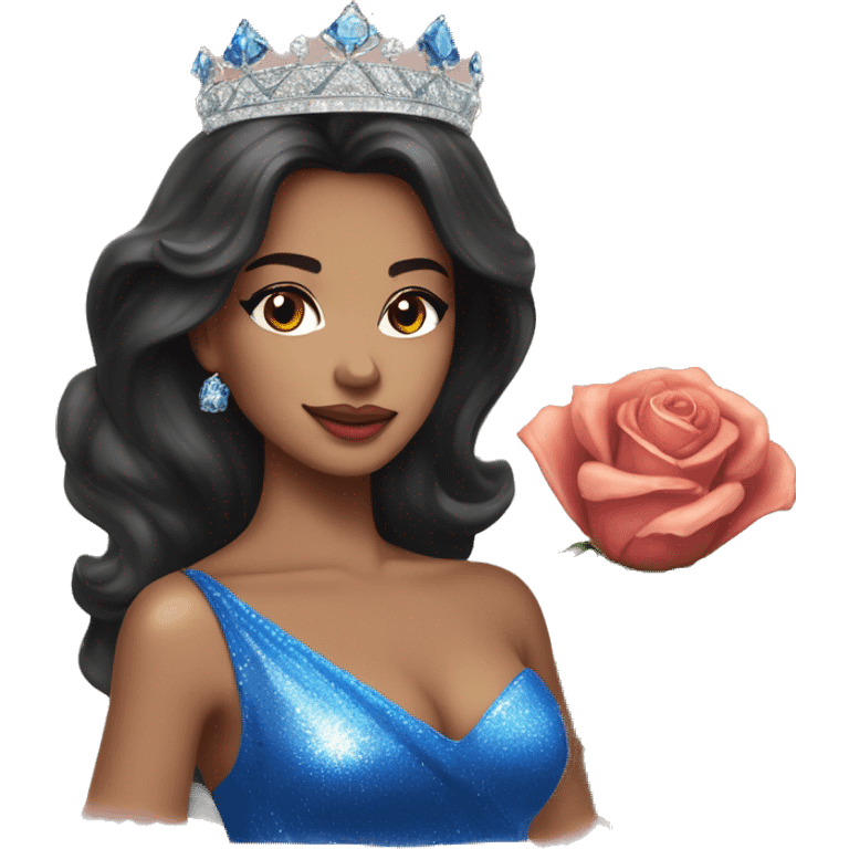 Beauty queen with peach skin, dark hair, wearing a “Miss Massachusetts” sash and wearing a crown and blue sparkly dress holding red roses emoji