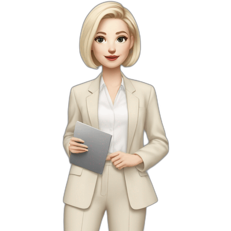 pale skin woman with ash blonde Straightened bob Hair, White Spacious classical jacket, beige palazzo Arrow pants and gray blouse holding a color palette in the hands emoji