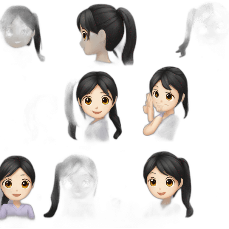 face only, cute korean girl, black hair, pony tail, happy, waving emoji