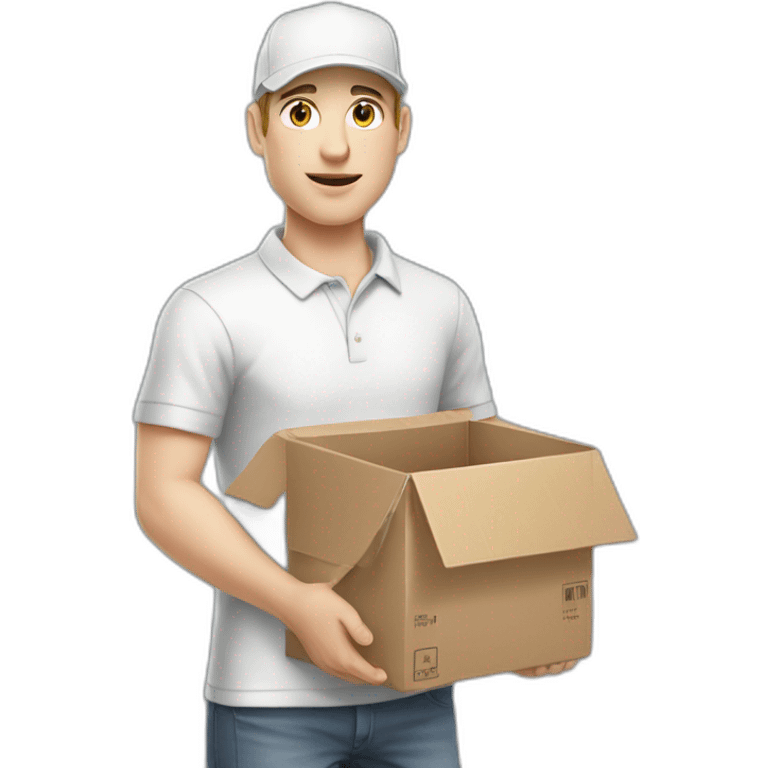 Pale skinned Man in a white cap and gray polo T-shirt with a box into his hands emoji