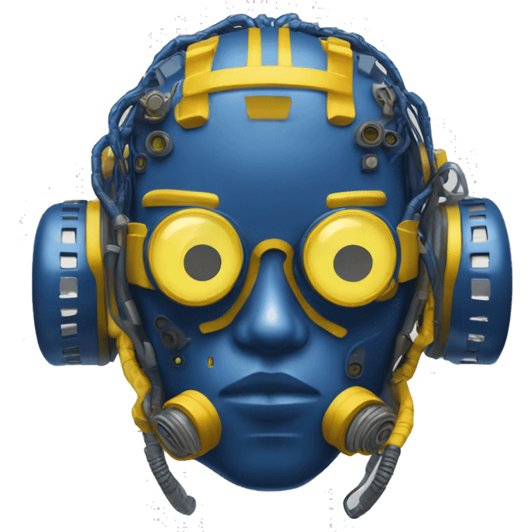 Dark Blue curly hair cyborg head with yellow respirator mask and circuitry emoji