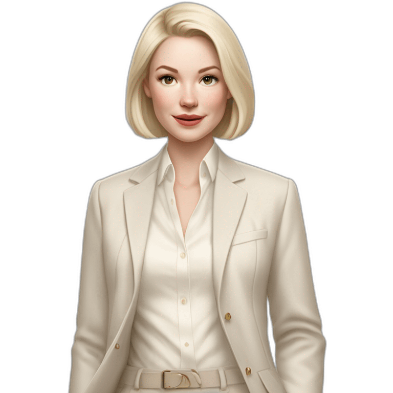 pale skin woman with ash blonde Straightened bob Hair, White Spacious classical jacket, beige palazzo Arrow pants and gray blouse holding white IPhone 15 pro in the hands emoji